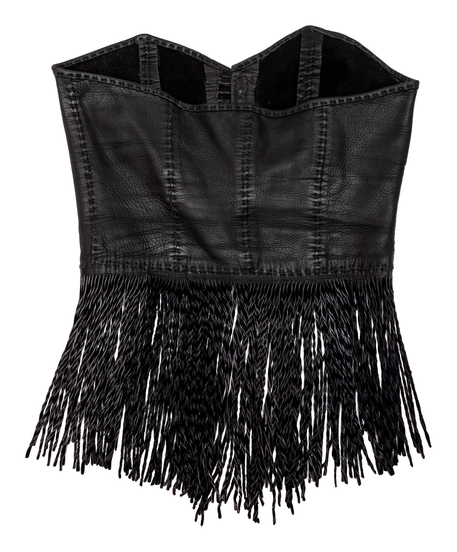 Black Leather Fringe Corset Top, Skirt and Arm Bands