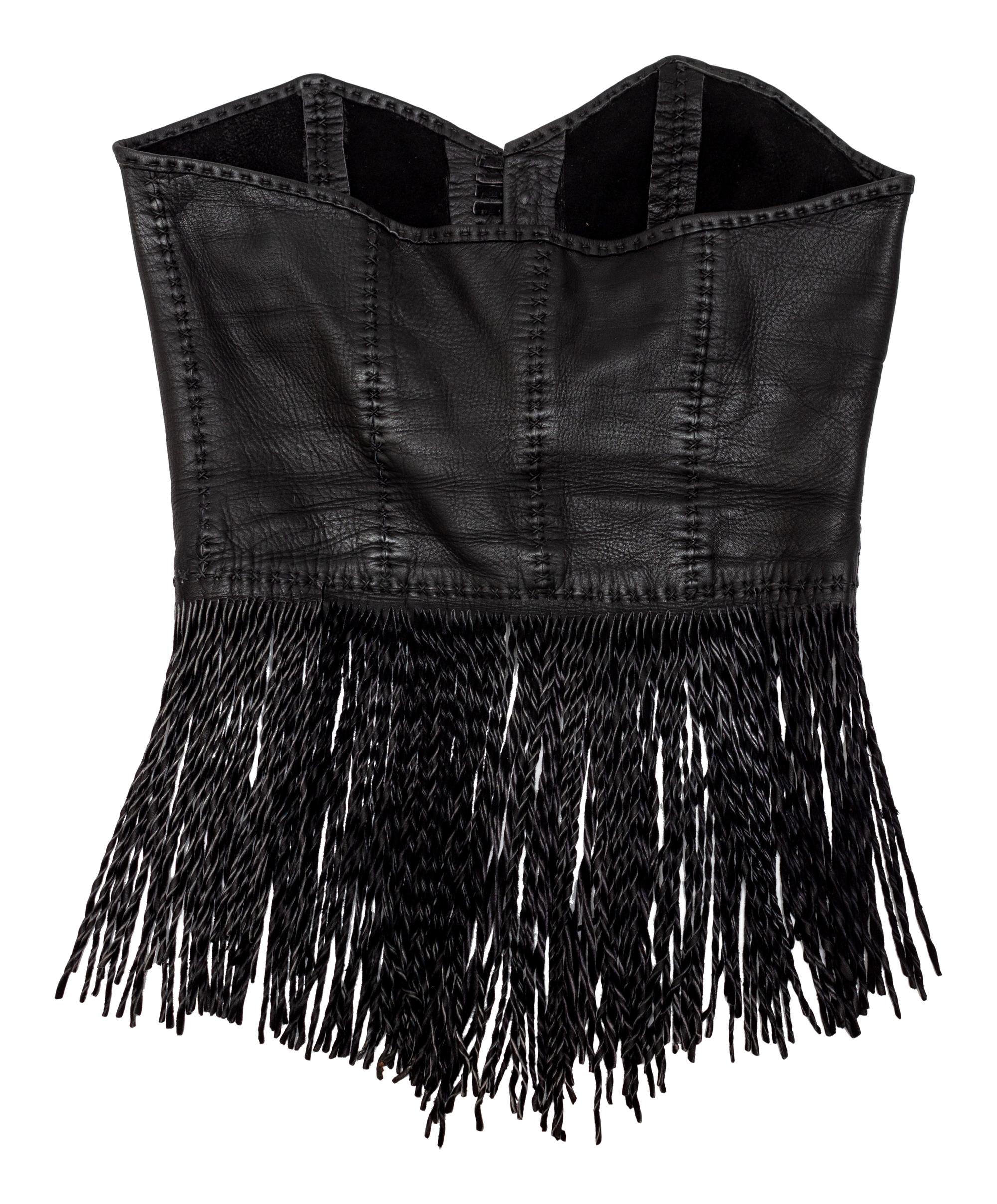 Black Leather Fringe Corset Top, Skirt and Arm Bands