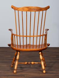 A D.R. Dimes Benchmark Turned and Volute Carved Tiger Maple and Pine Comb-Back Windsor Armchair