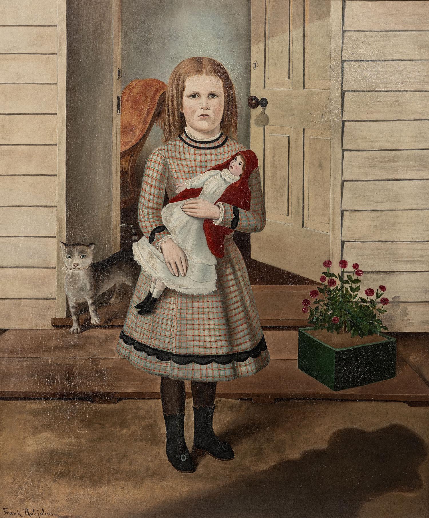Portrait of a Girl in Plaid Dress with Doll and Cat