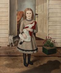 Portrait of a Girl in Plaid Dress with Doll and Cat