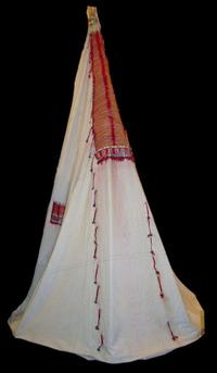 Canvas teepee and group of quilled hide teepee decorations first half 19th century