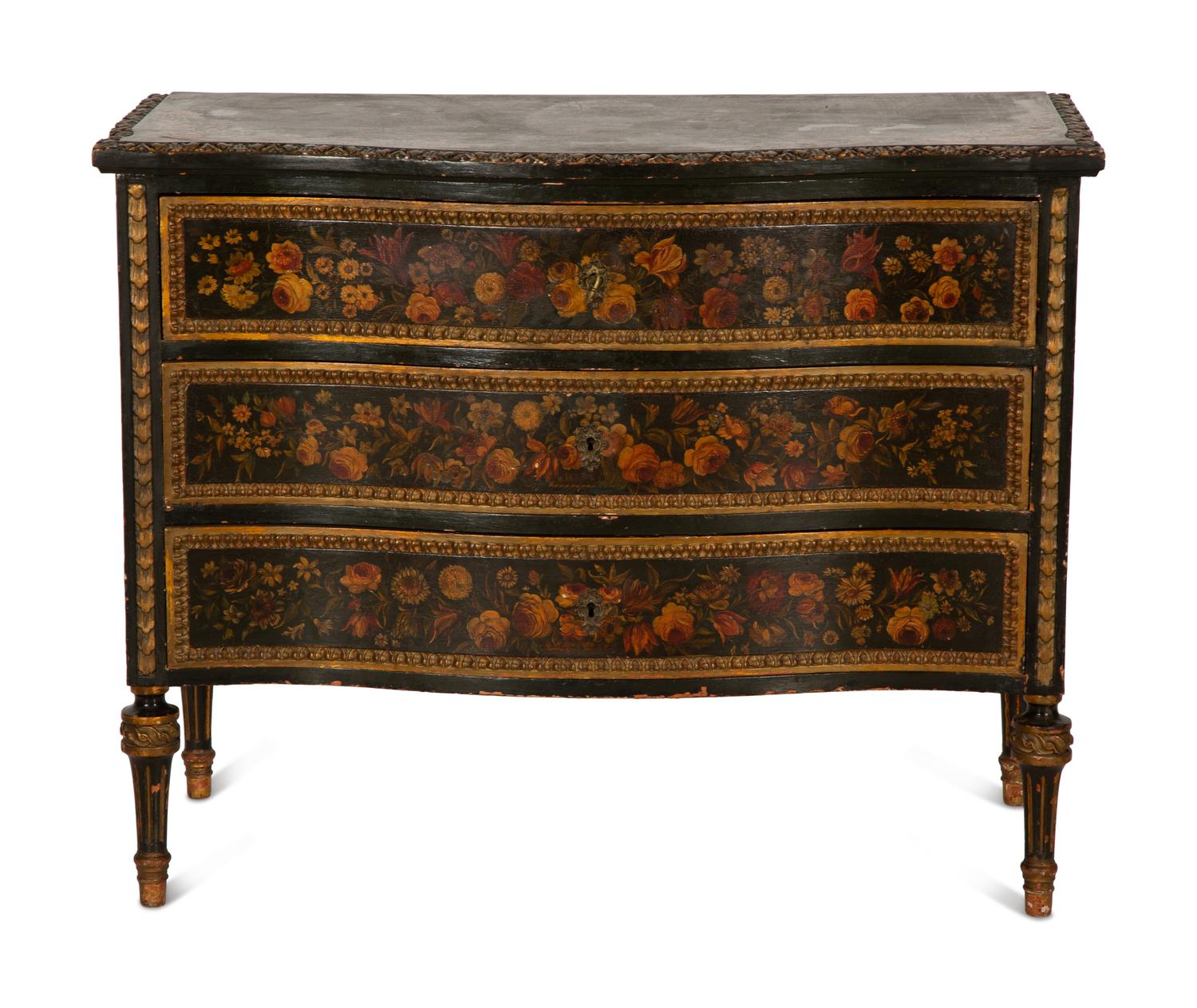 A Continental Louis XVI Style Floral Painted Commode