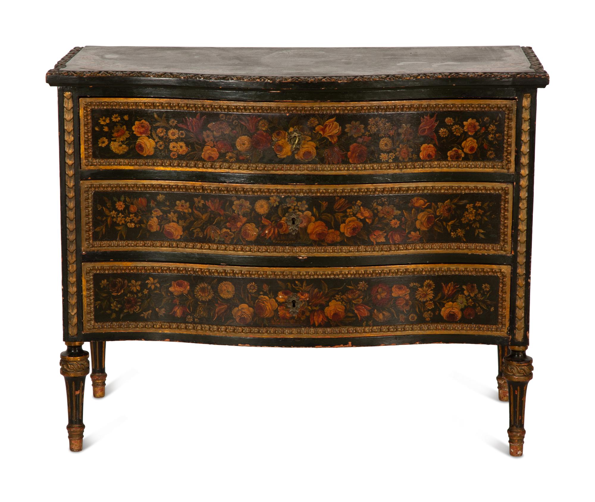 A Continental Louis XVI Style Floral Painted Commode