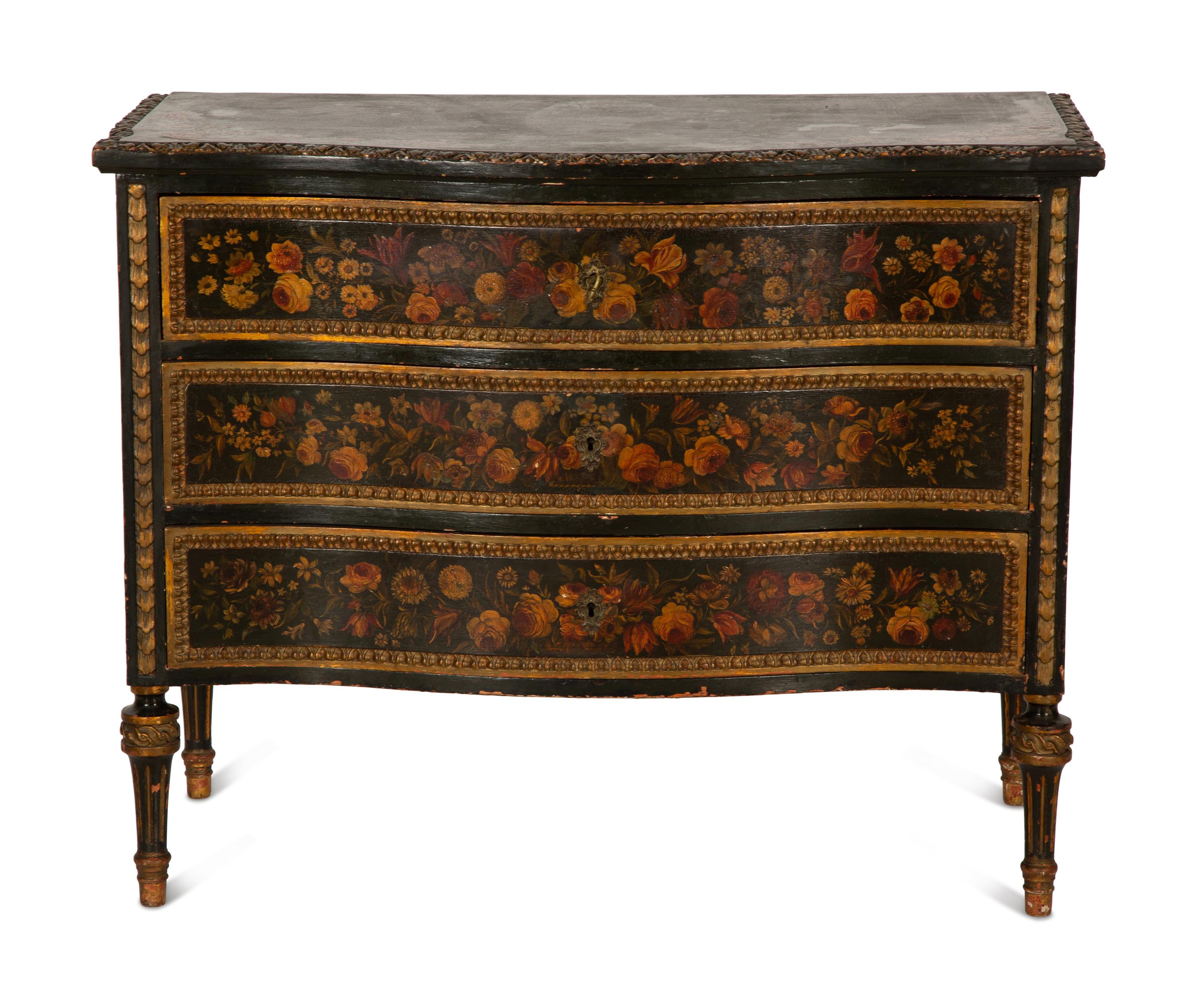 A Continental Louis XVI Style Floral Painted Commode