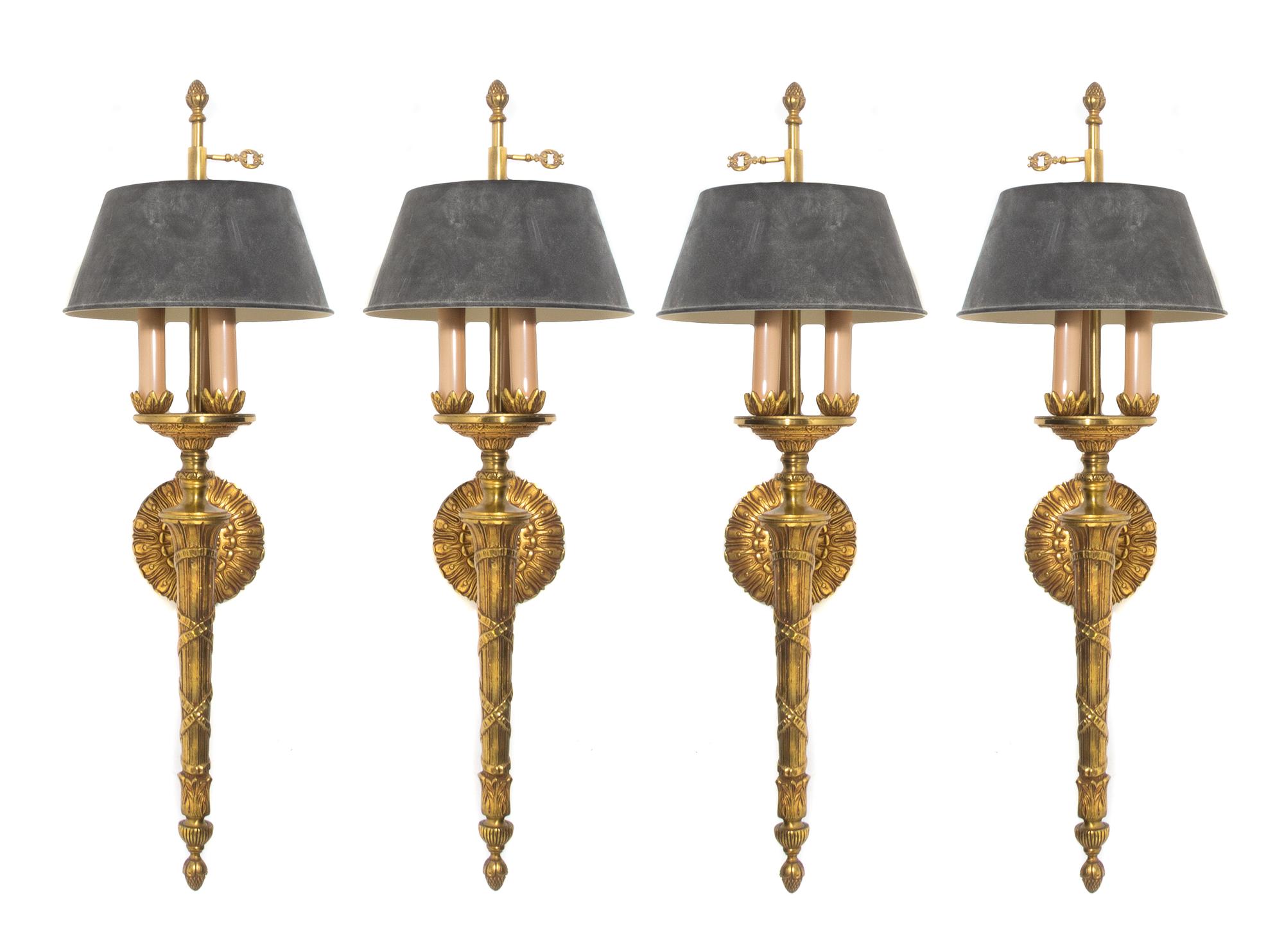 A Set of Four Gilt Bronze Sconces Height 24 1/4 inches. — 20TH CENTURY