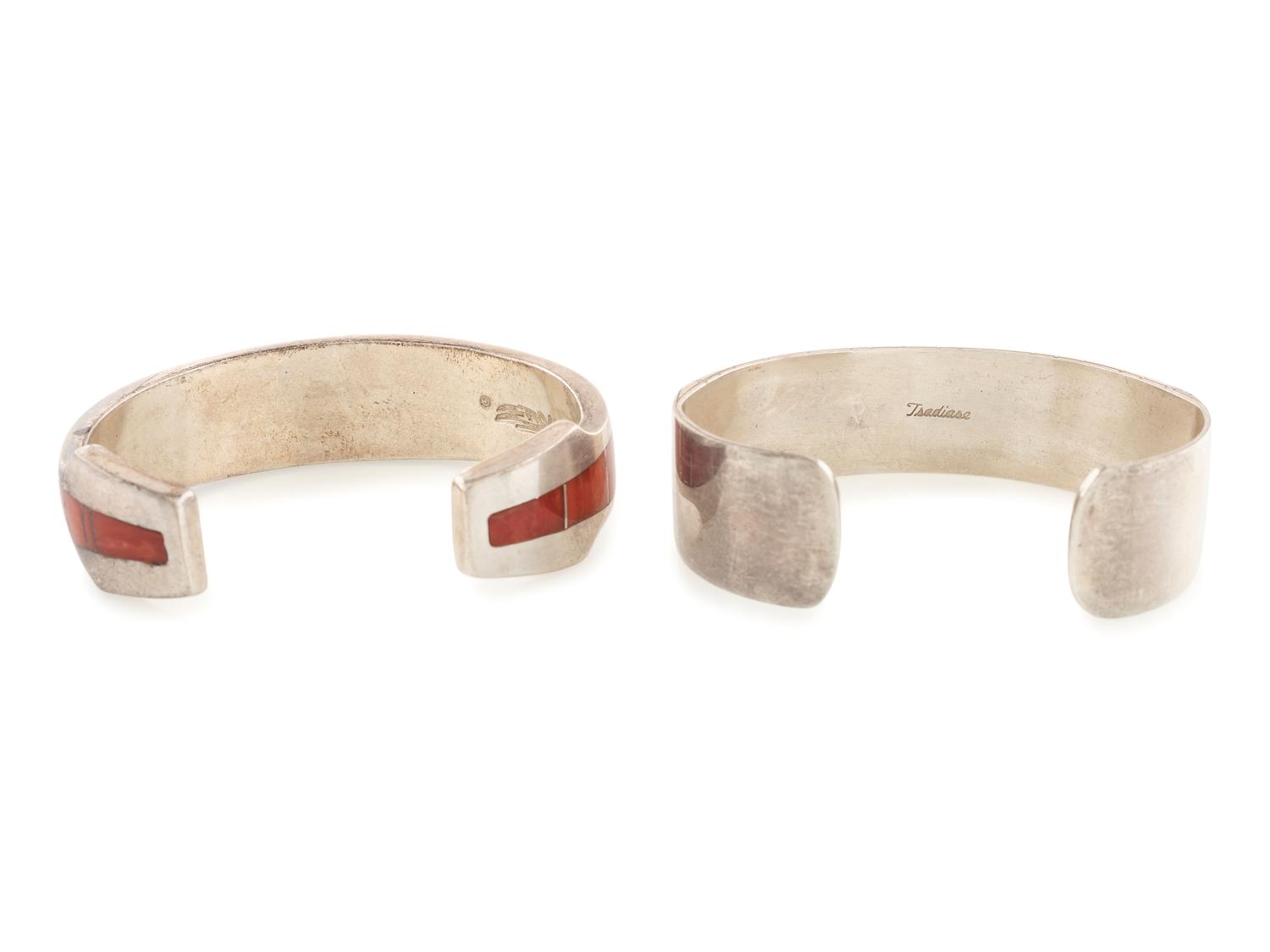 Zuni and Apache Silver and Channel Inlay Coral Cuff Bracelets