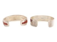 Zuni and Apache Silver and Channel Inlay Coral Cuff Bracelets