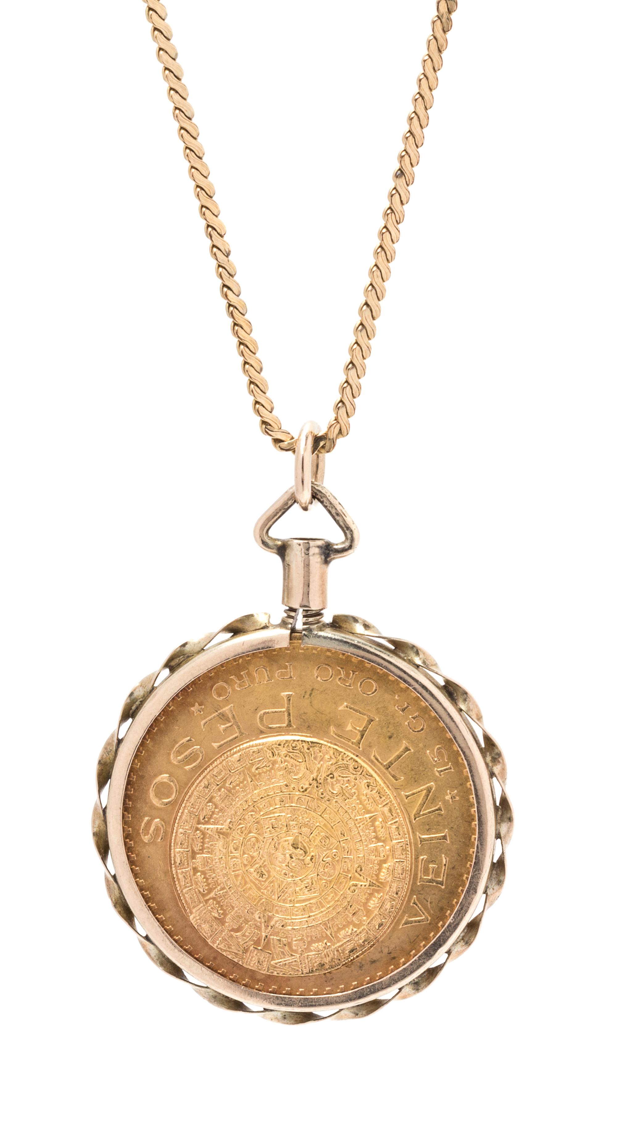 A Yellow Gold and Mexico 20 Peso Coin Pendant, 15.60 dwts.