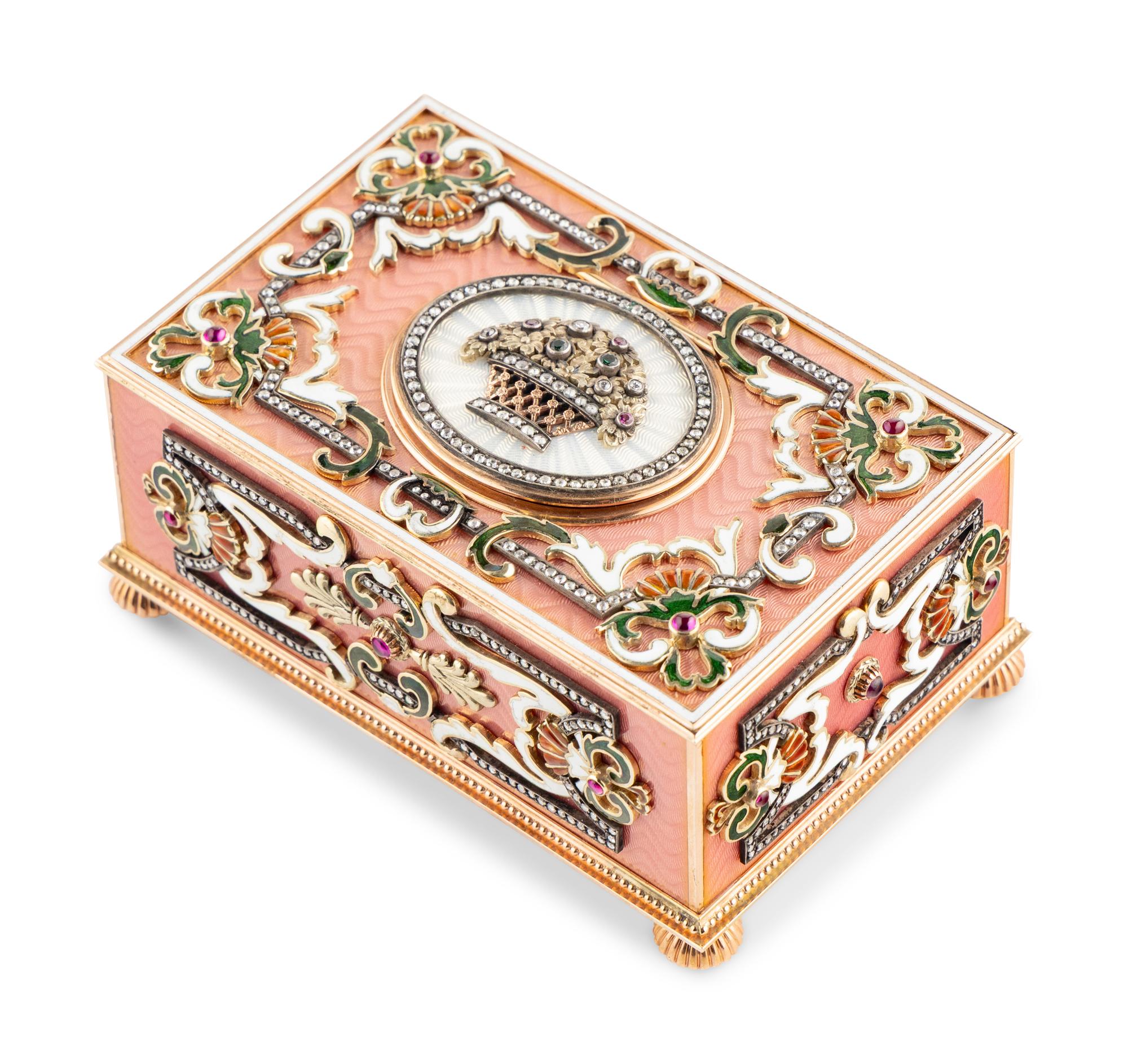 A Continental Gold, Enamel and Jewel-Inset Singing Bird Automaton Box