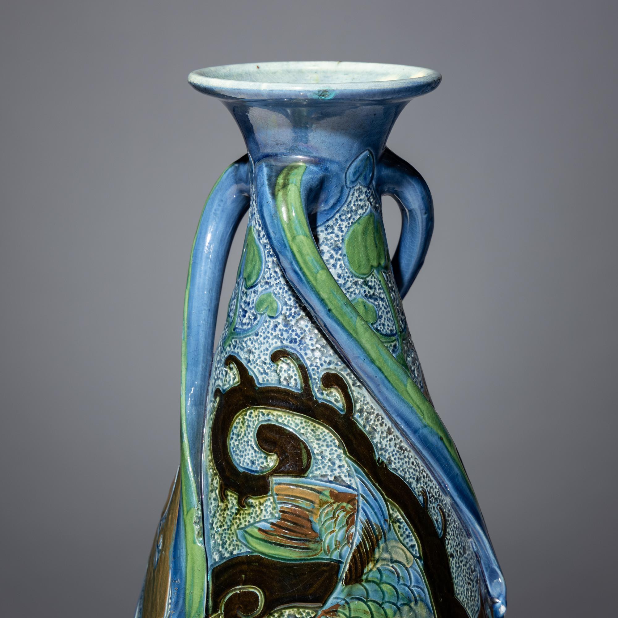 Three-handled vase with koi decor, 1907