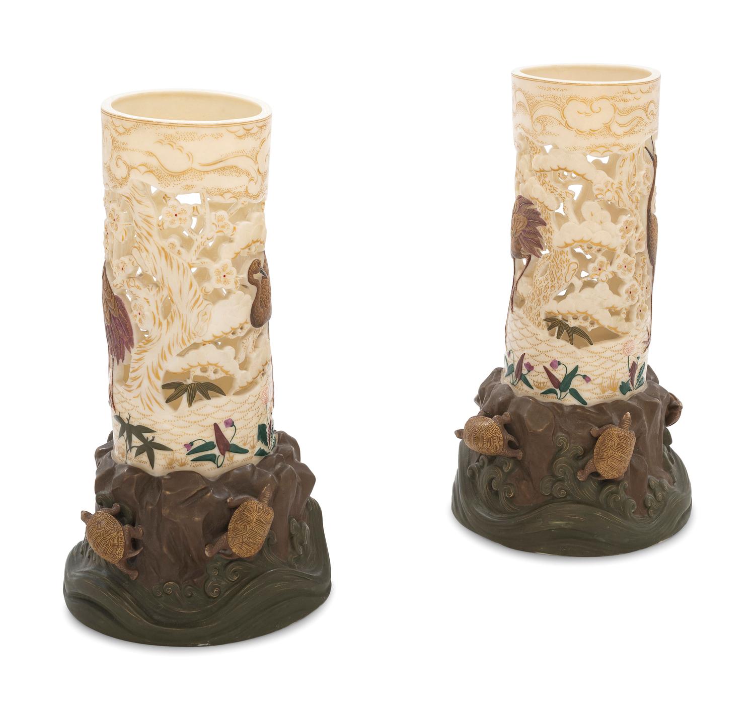 A Pair of Royal Worcester Aesthetic Movement Parcel Gilt Porcelain Vases