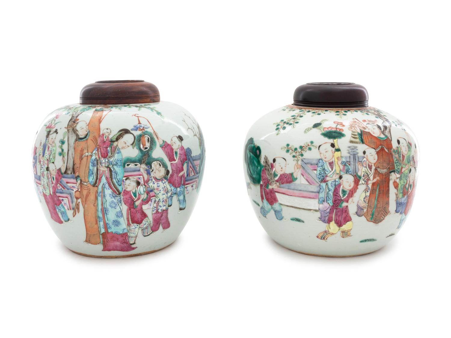 A Pair of Famille Rose Porcelain Ginger Jars