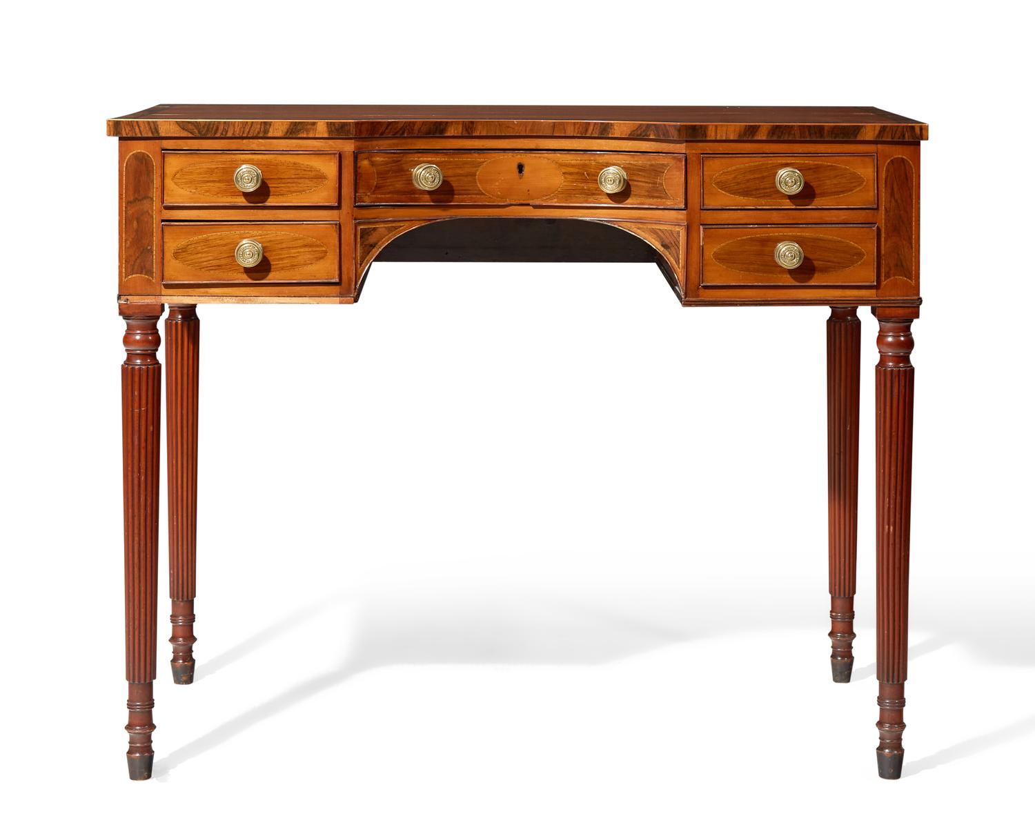 A George III inlaid mahogany, satinwood, and kingwood writing table, circa 1810