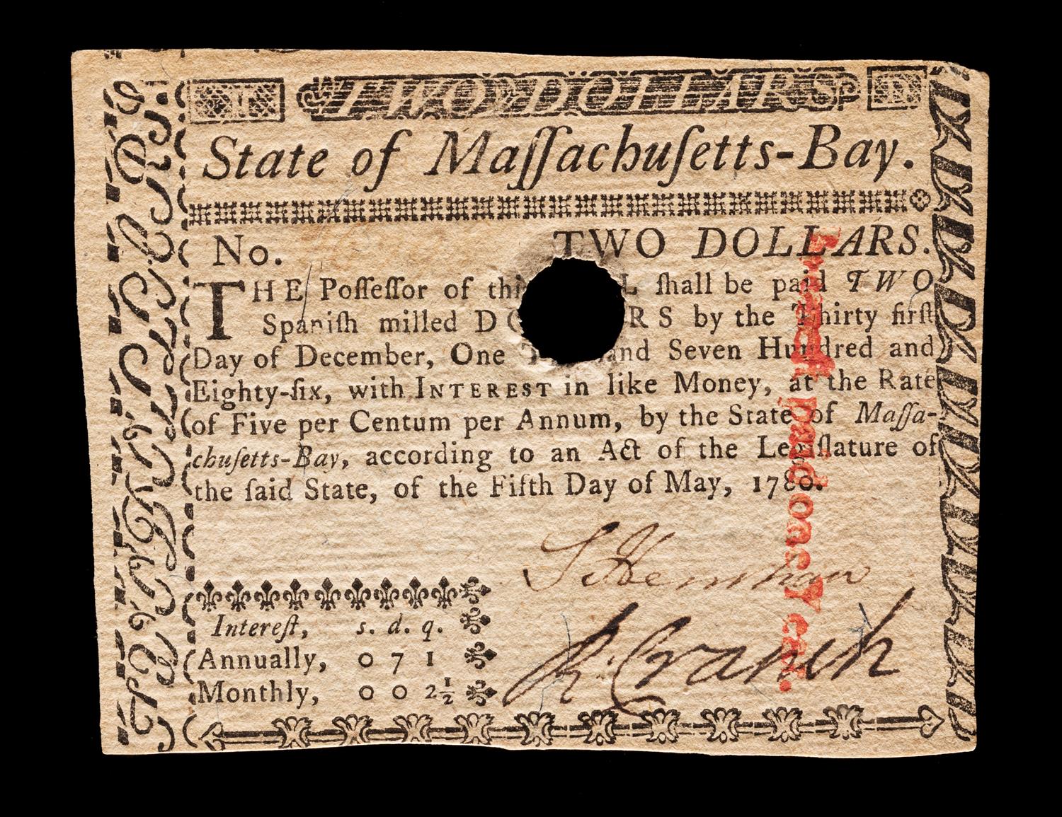A State of Massachusetts 5/5/1780 $2 Note