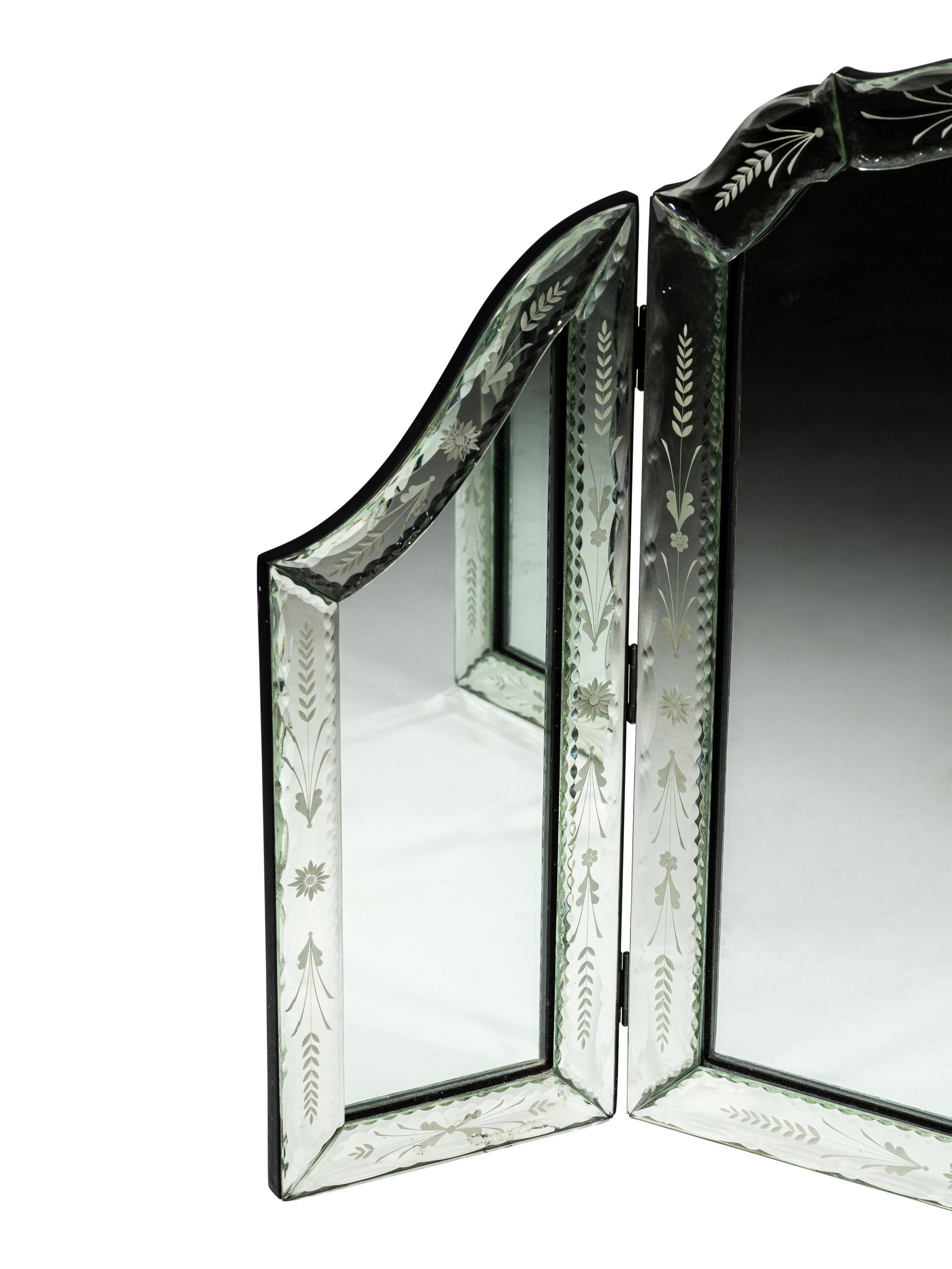 A Venetian Style Etched Glass Trifold Vanity Mirror