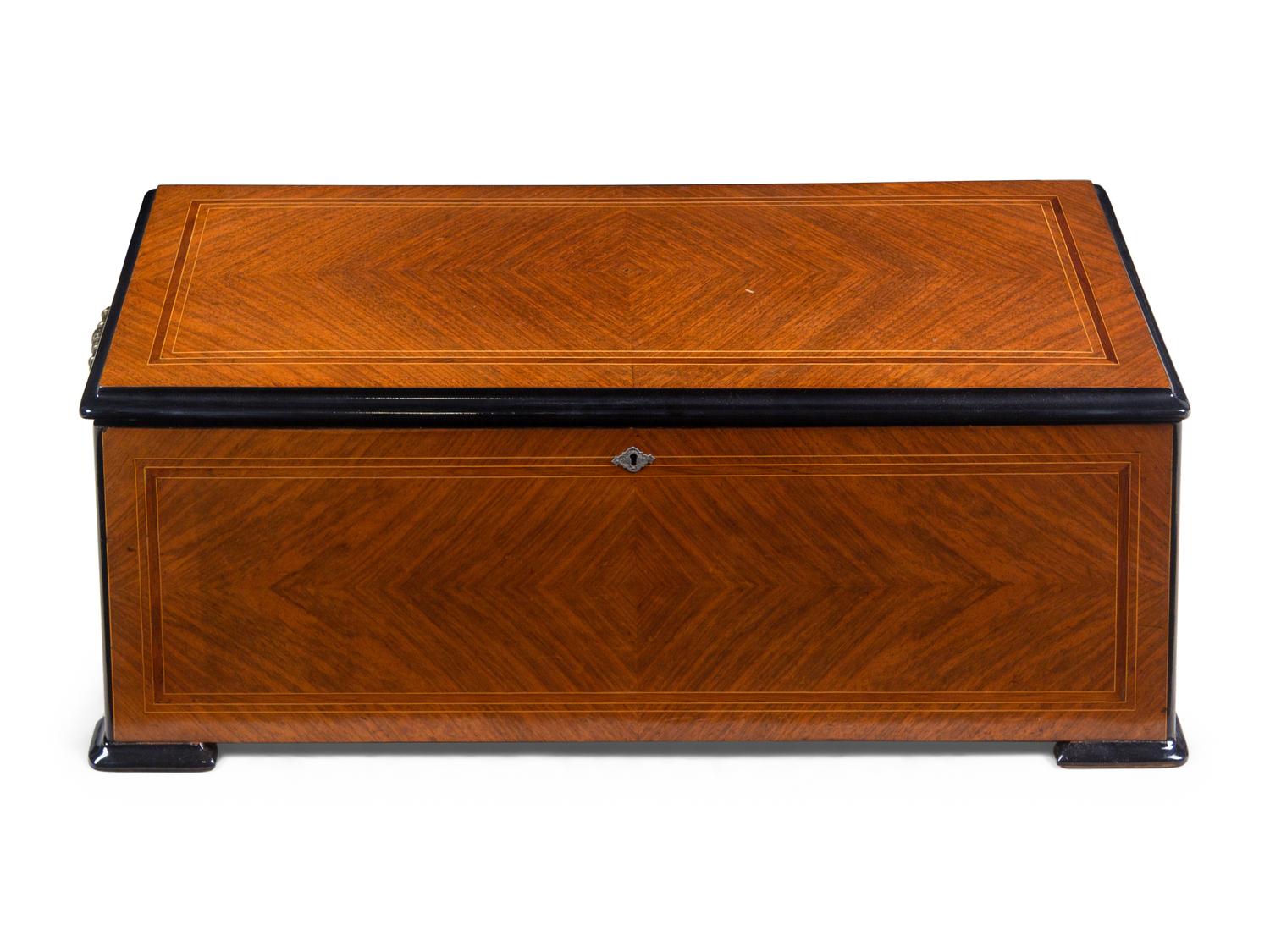 A Swiss Inlaid and Parcel Ebonized Mahogany Cylinder Music Box