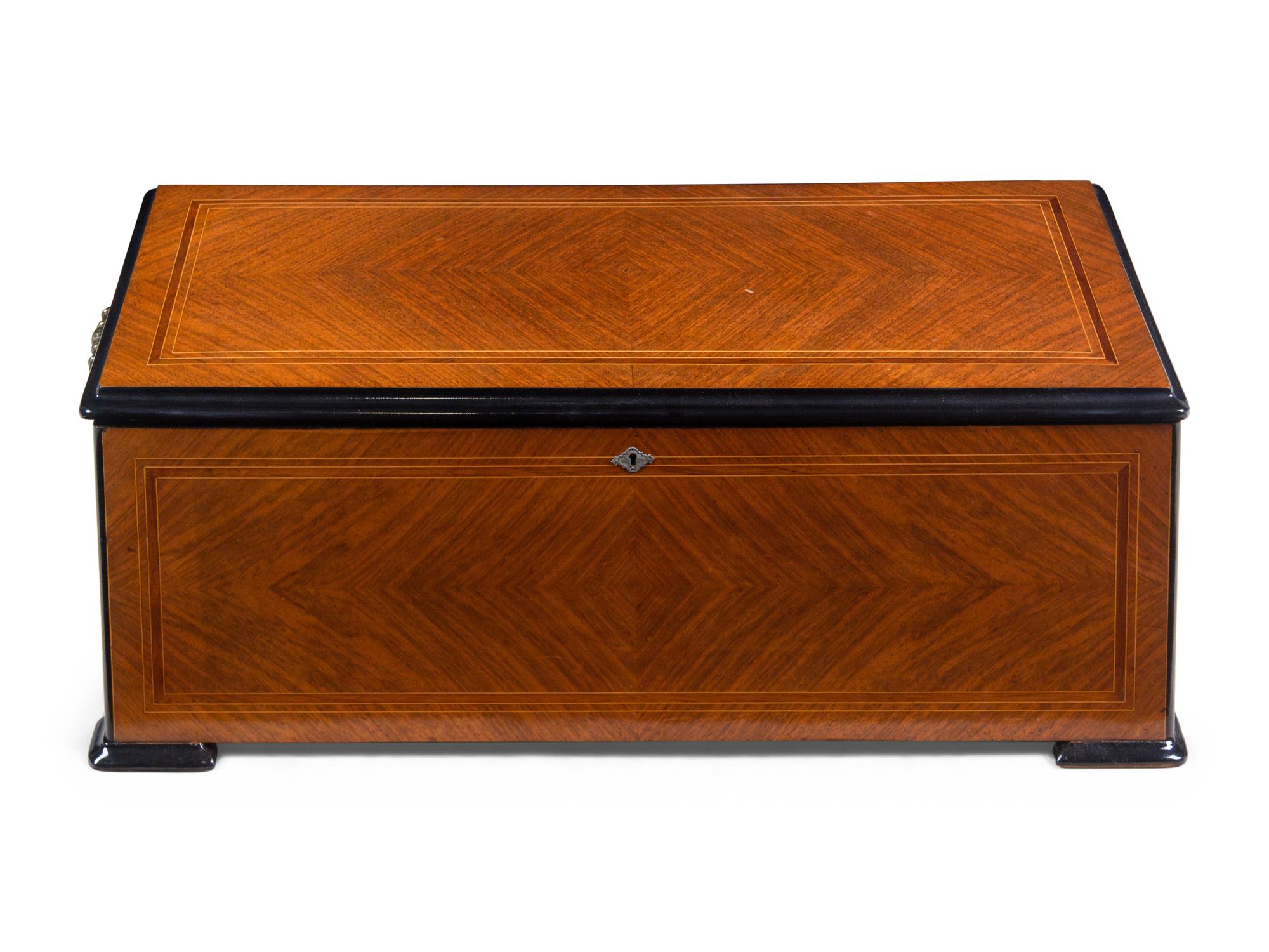 A Swiss Inlaid and Parcel Ebonized Mahogany Cylinder Music Box