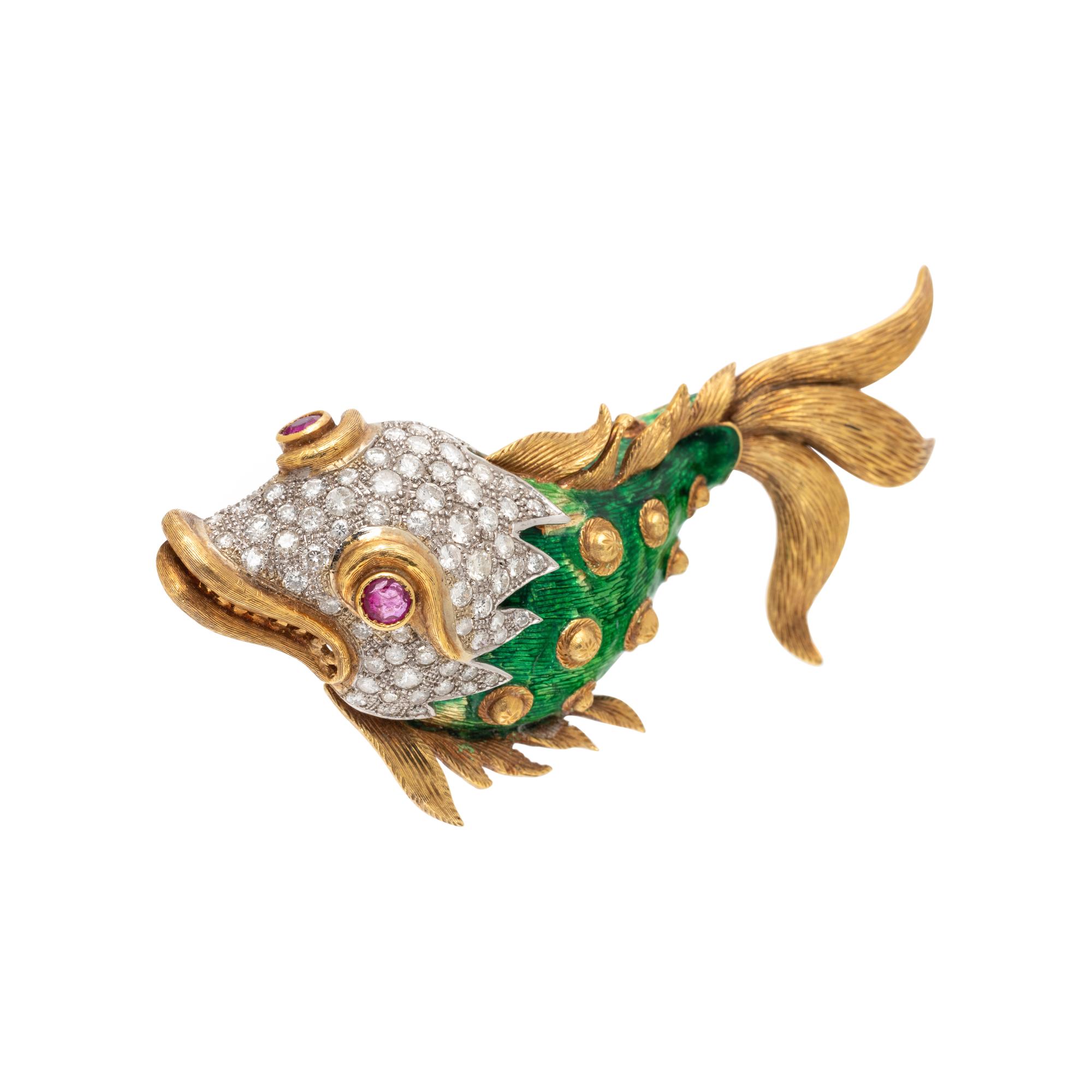 BICOLOR GOLD, DIAMOND, ENAMEL AND RUBY FISH BROOCH