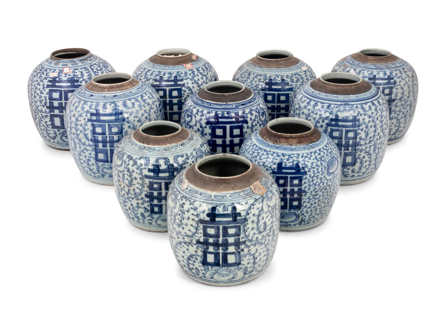 10 Chinese Blue and White Porcelain 'Double Happiness' Jars