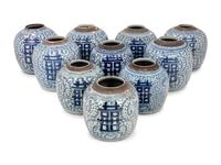 10 Chinese Blue and White Porcelain 'Double Happiness' Jars