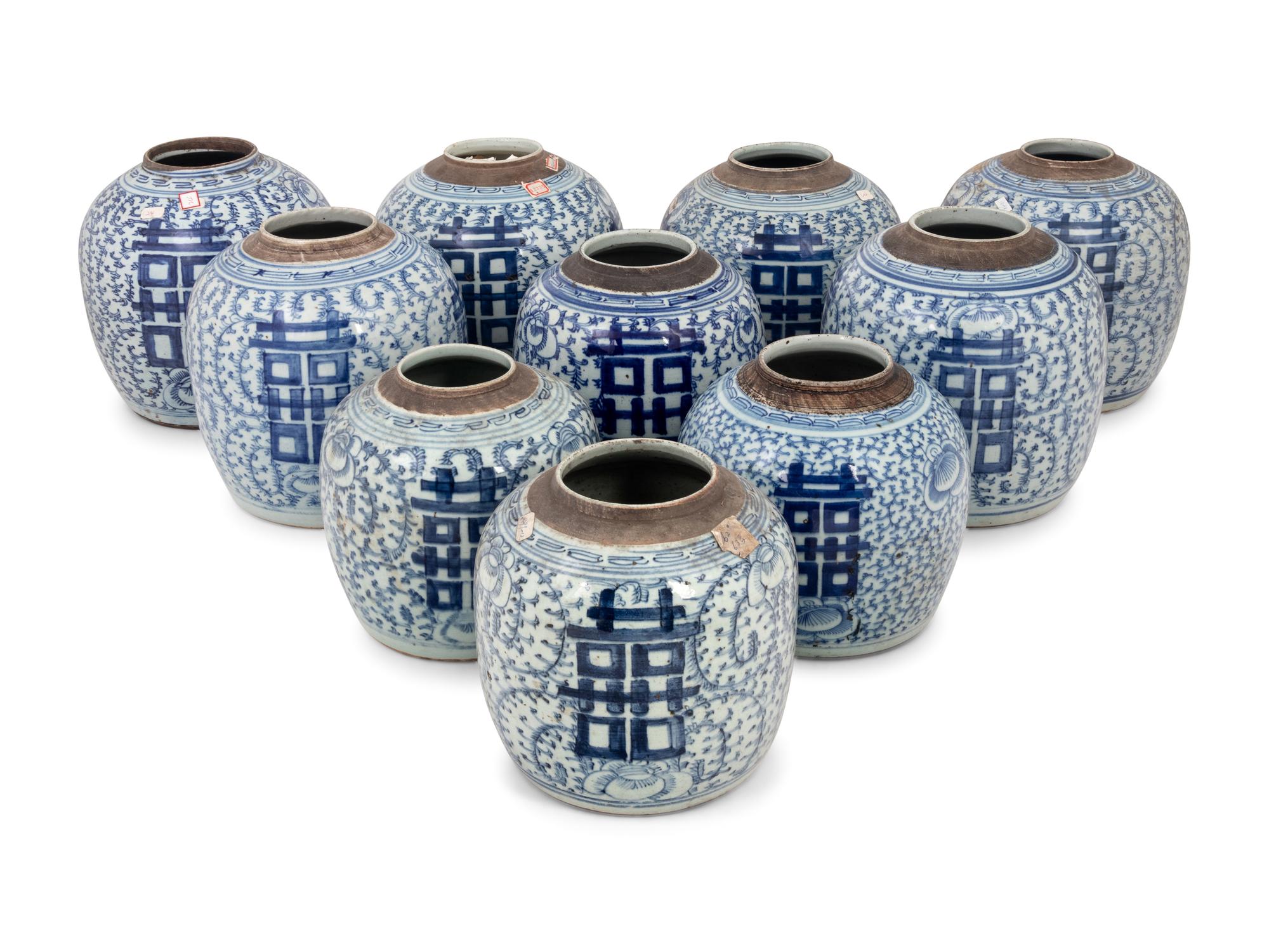 10 Chinese Blue and White Porcelain 'Double Happiness' Jars
