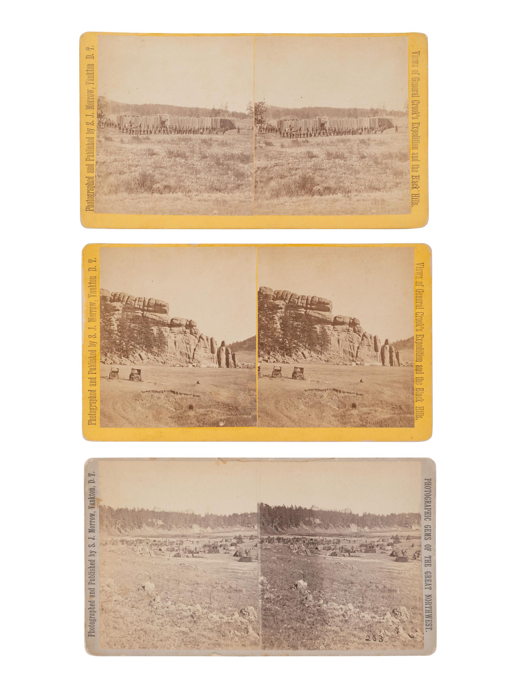 MORROW, Stanley J. (1843-1921), photographer. A group of 19 stereoviews from General Crook's Expedition and the Black Hills series, incl. reenactment of the 1876 "Starvation March."