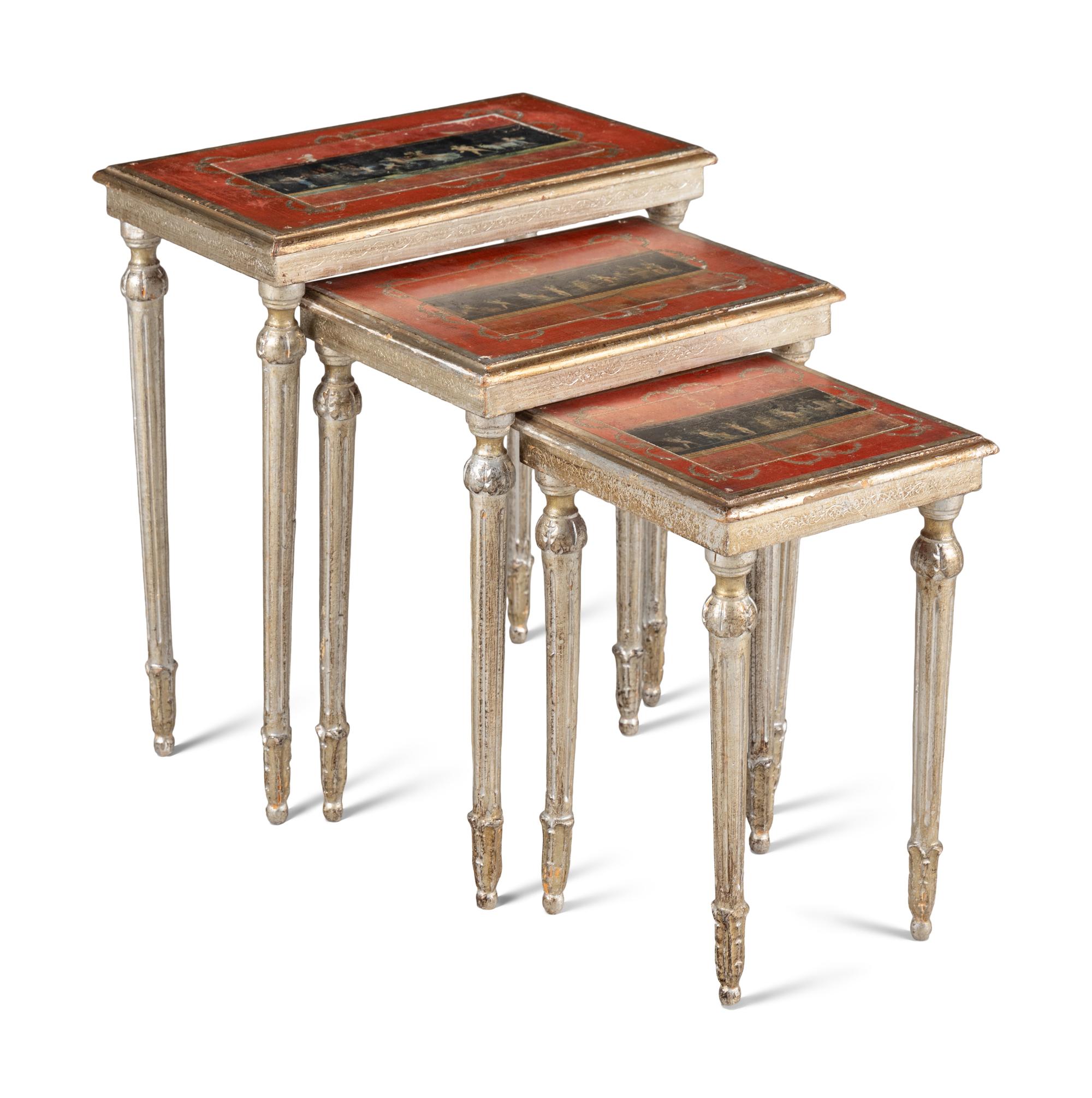 A Set of Four Venetian Style Silvered and Polychrome Decorated Nesting Tables