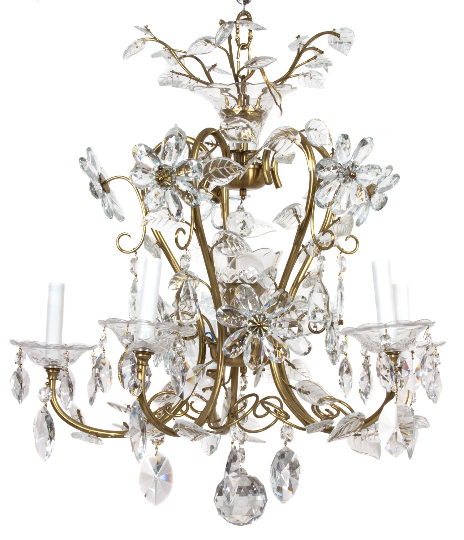 A Contemporary Gilt Metal and Glass Five-Light Chandelier Heigh 22 x diameter 20 inches. — 20TH CENTURY