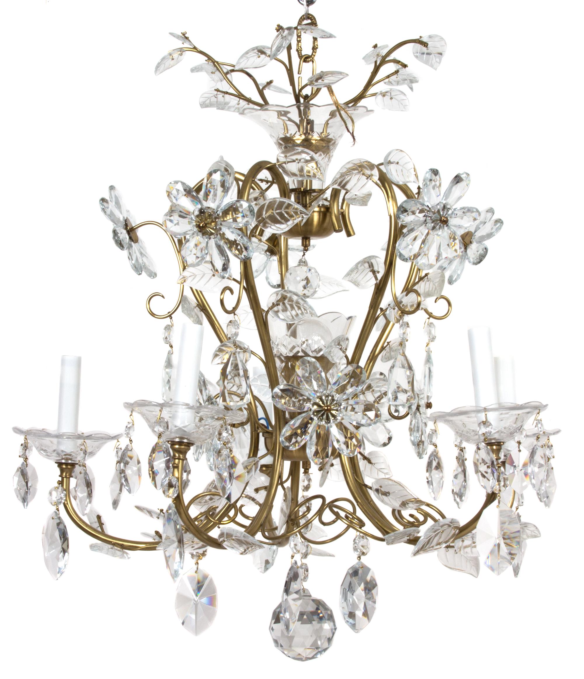 A Contemporary Gilt Metal and Glass Five-Light Chandelier Heigh 22 x diameter 20 inches. — 20TH CENTURY