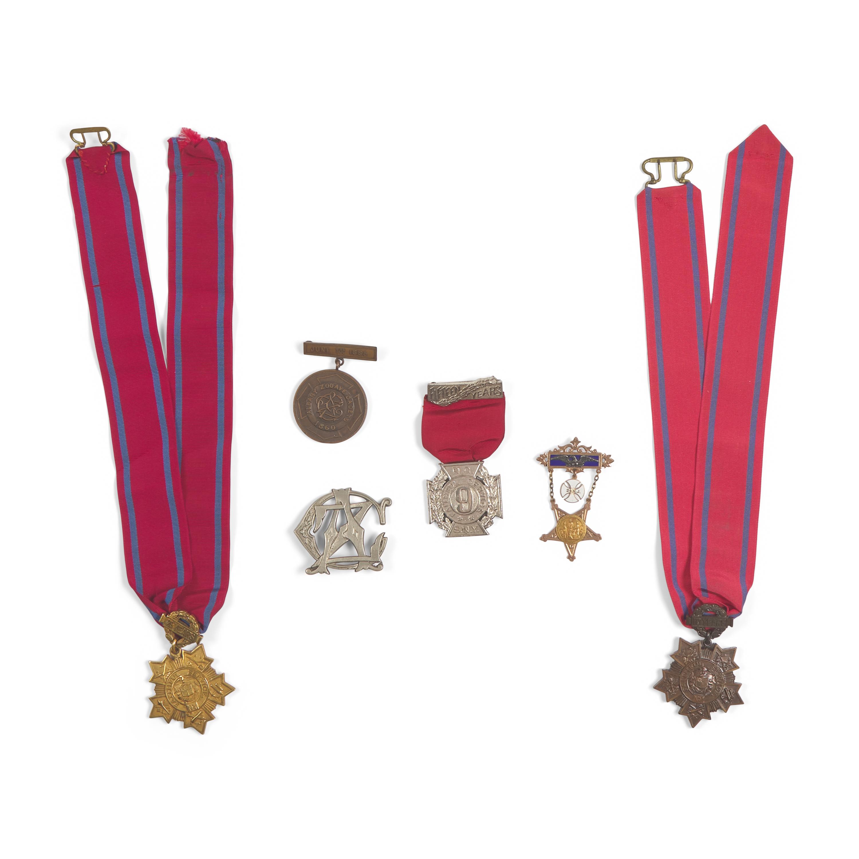 [Civil War] Assortment of service medals, badges, and other artifacts, including Albany Zouave Cadet and N.Y. National Guard badges