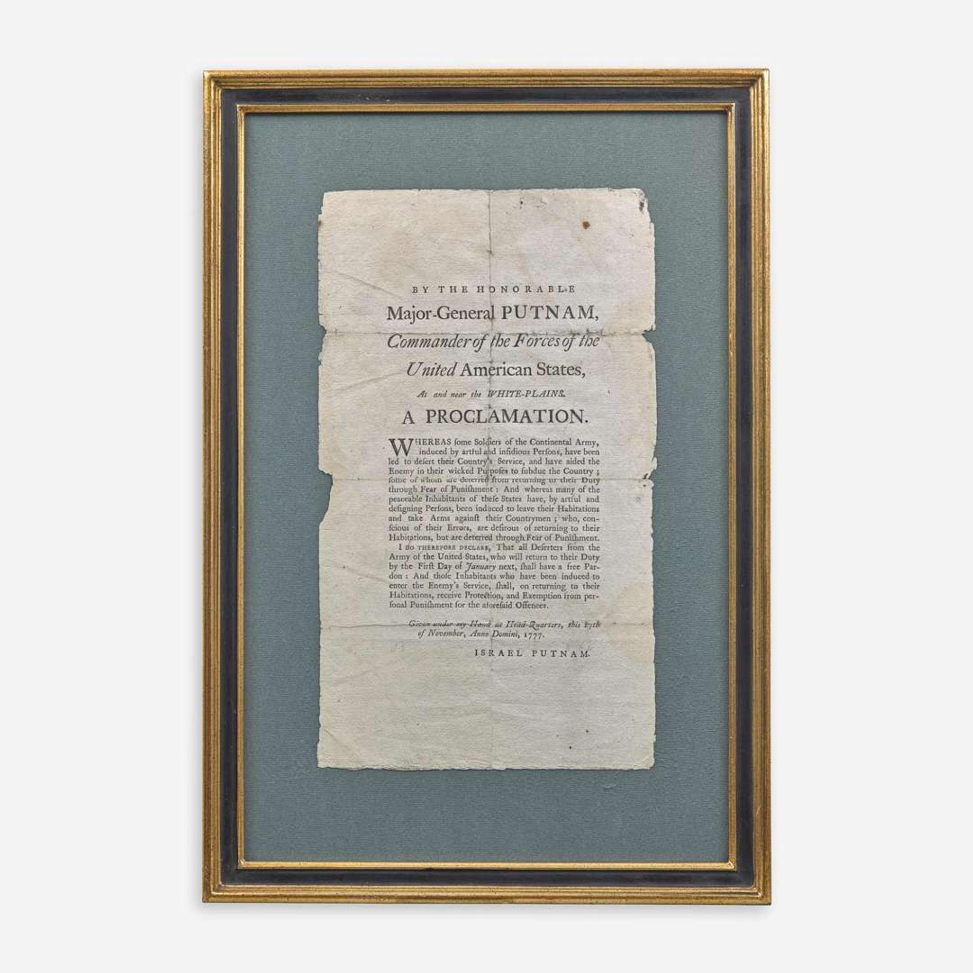 [Americana] [American Revolution] Putnam, Israel By the Honorable Major-General Putnam, Commander of the Forces of the United American States, At and near the White-Plains