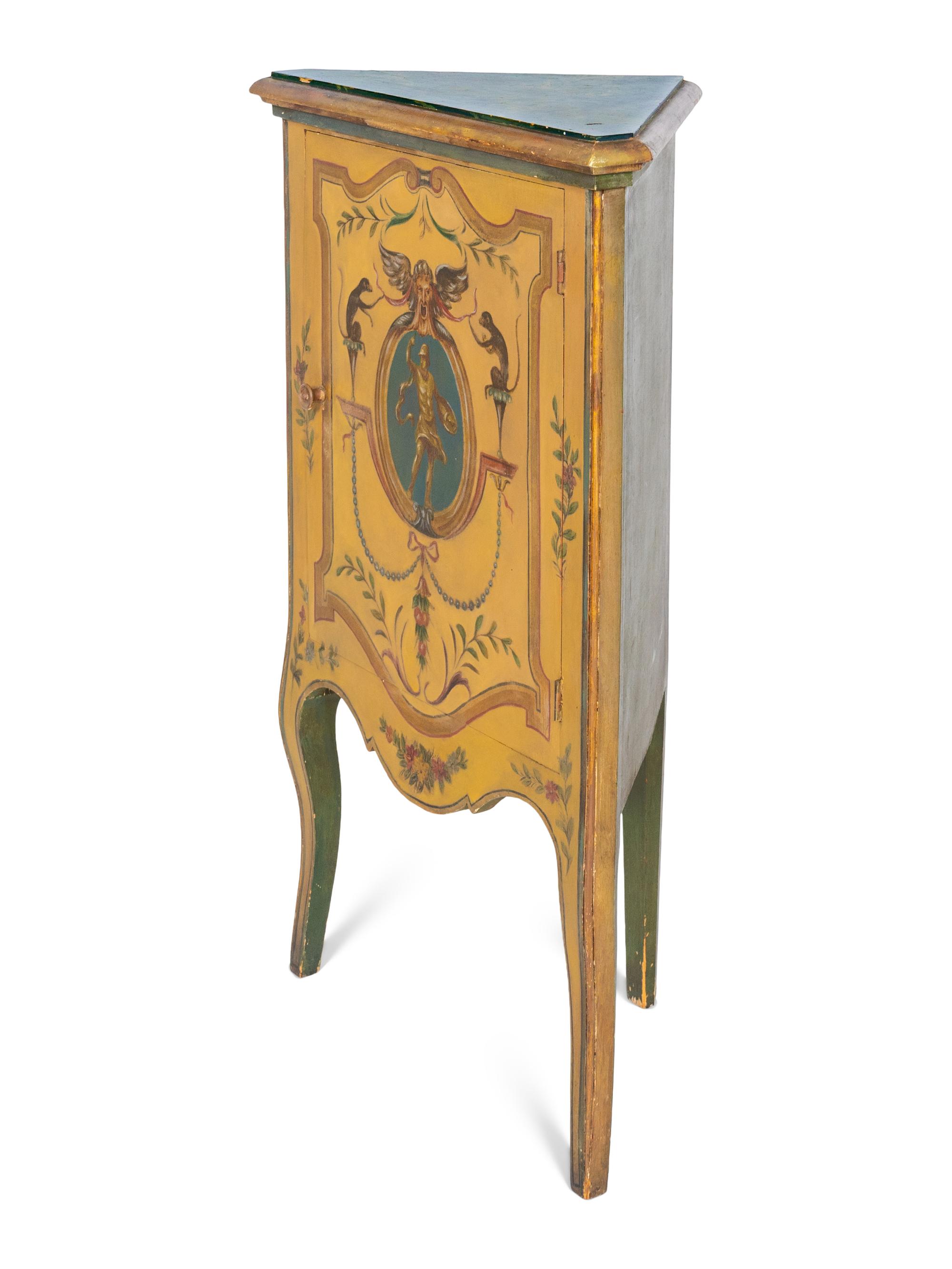 A Venetian Paint Decorated Corner Cabinet with Simulated Marble Top