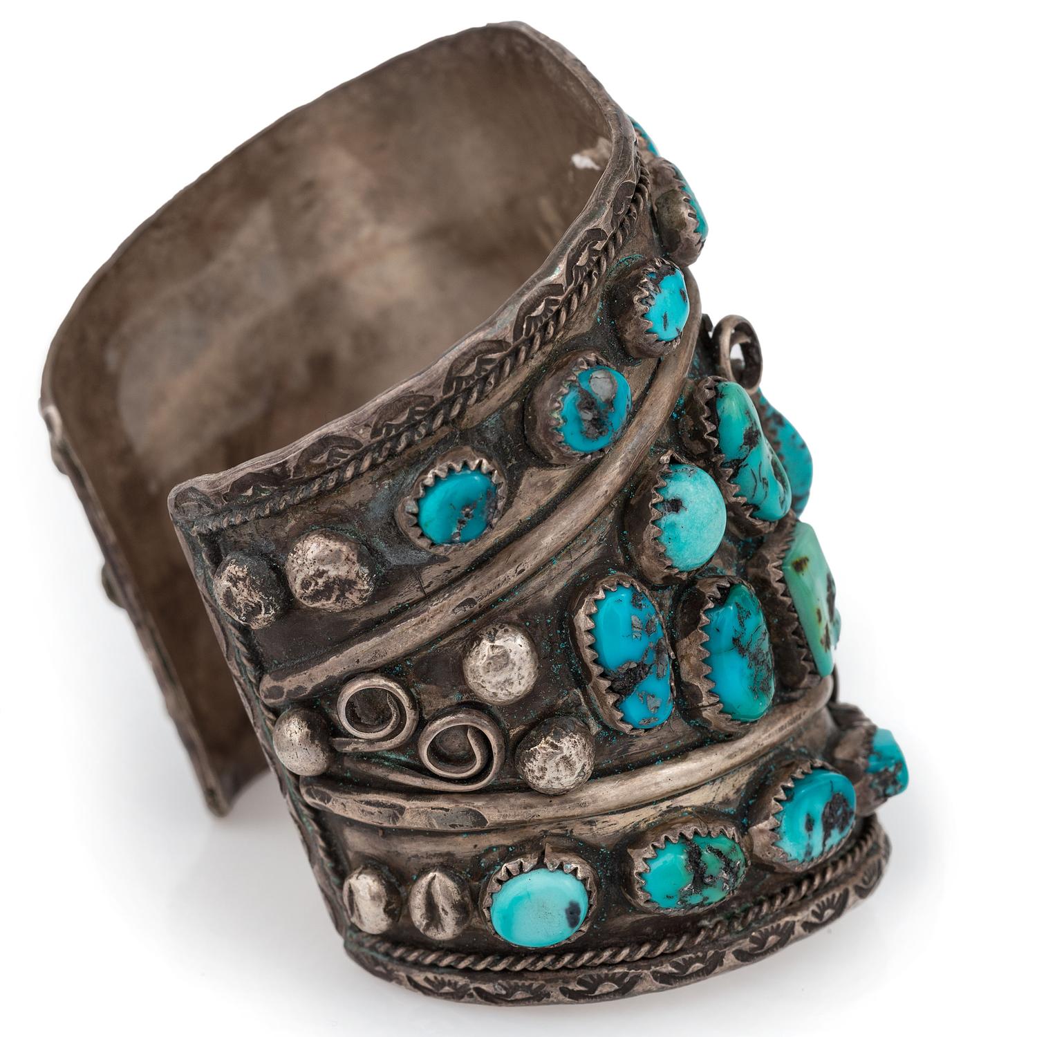 Wide Navajo Silver and Turquoise Cuff Bracelet