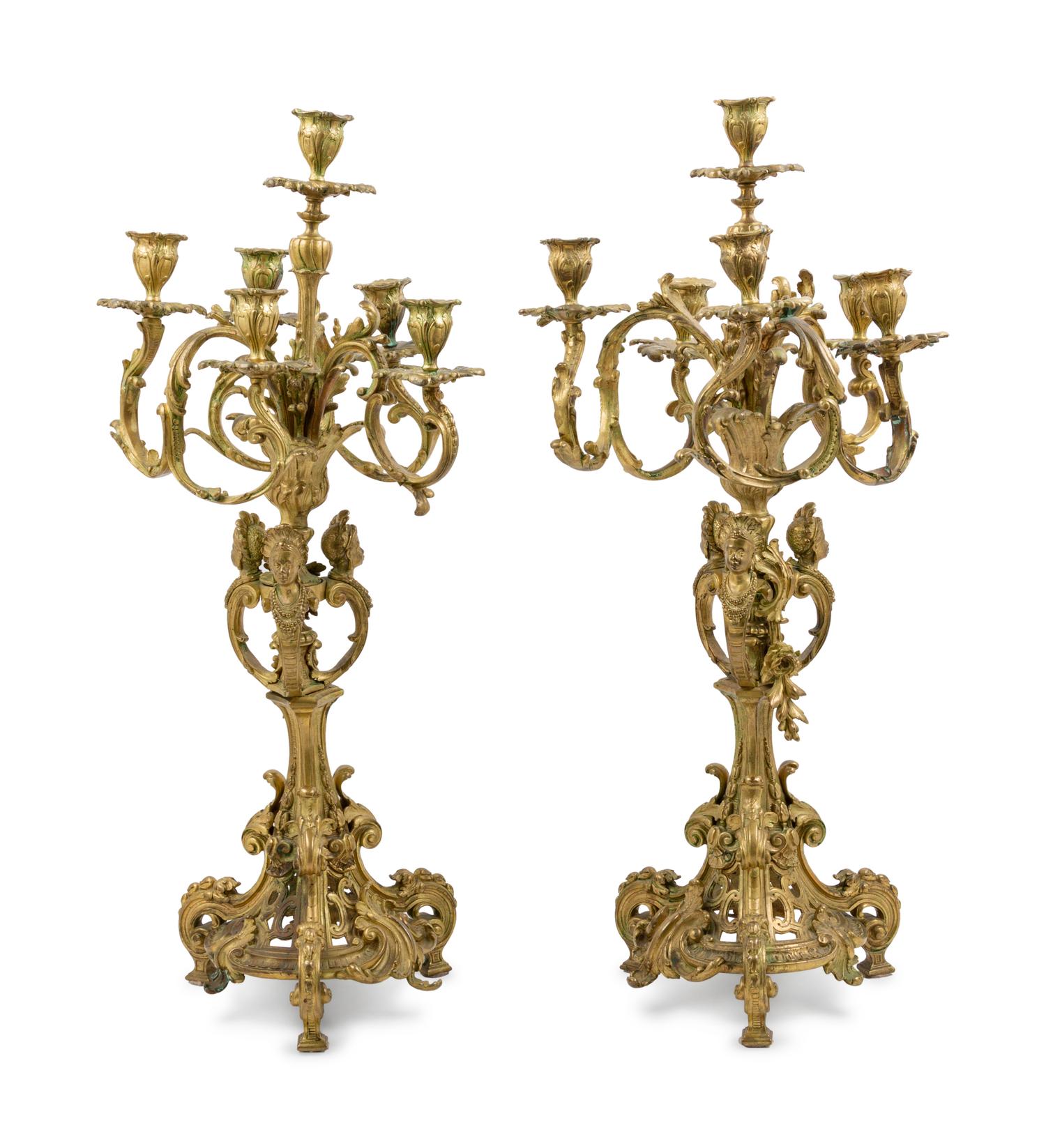 A Pair of Napoleon III Style Gilt Bronze Six-Light Candelabra