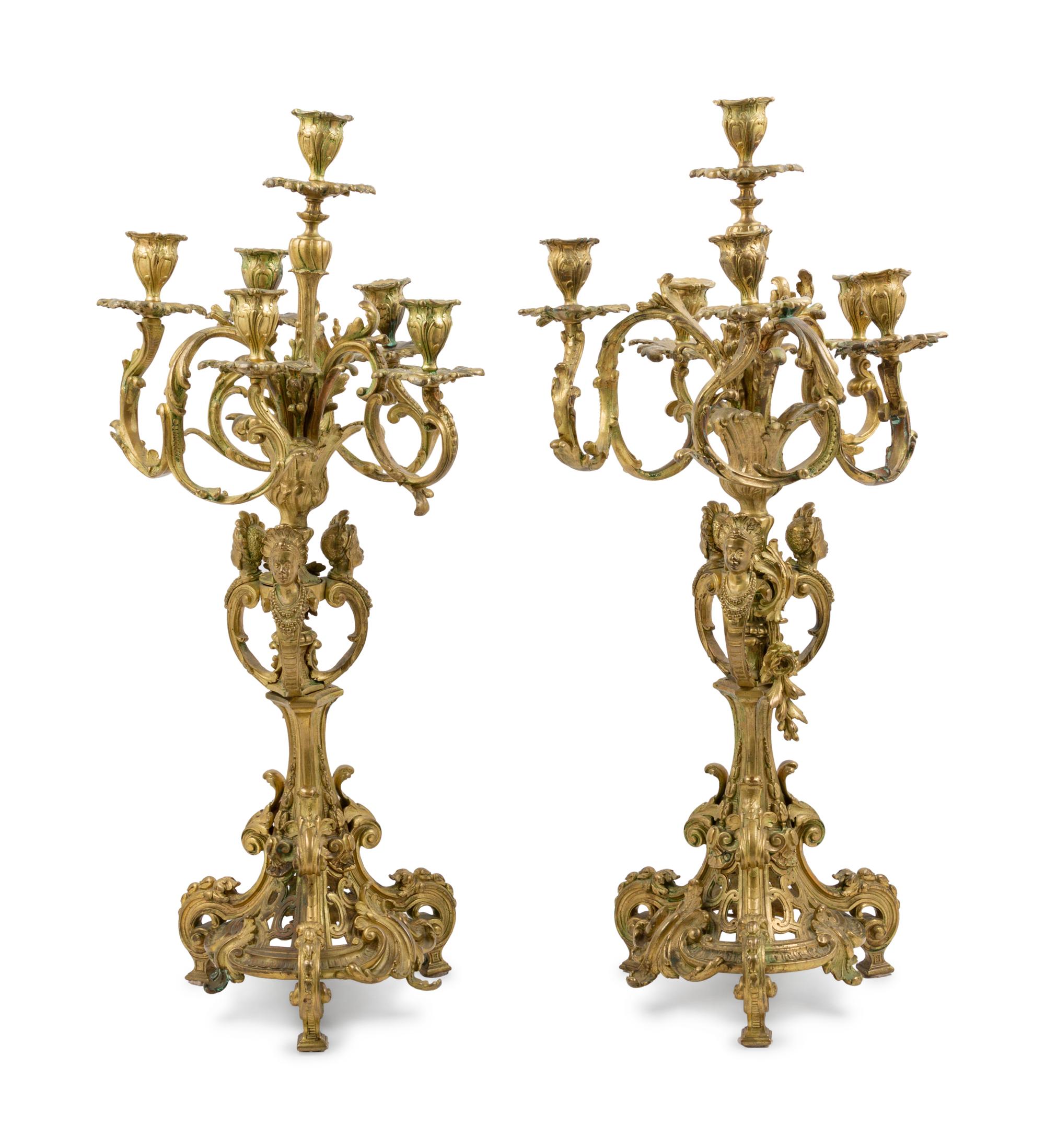 A Pair of Napoleon III Style Gilt Bronze Six-Light Candelabra
