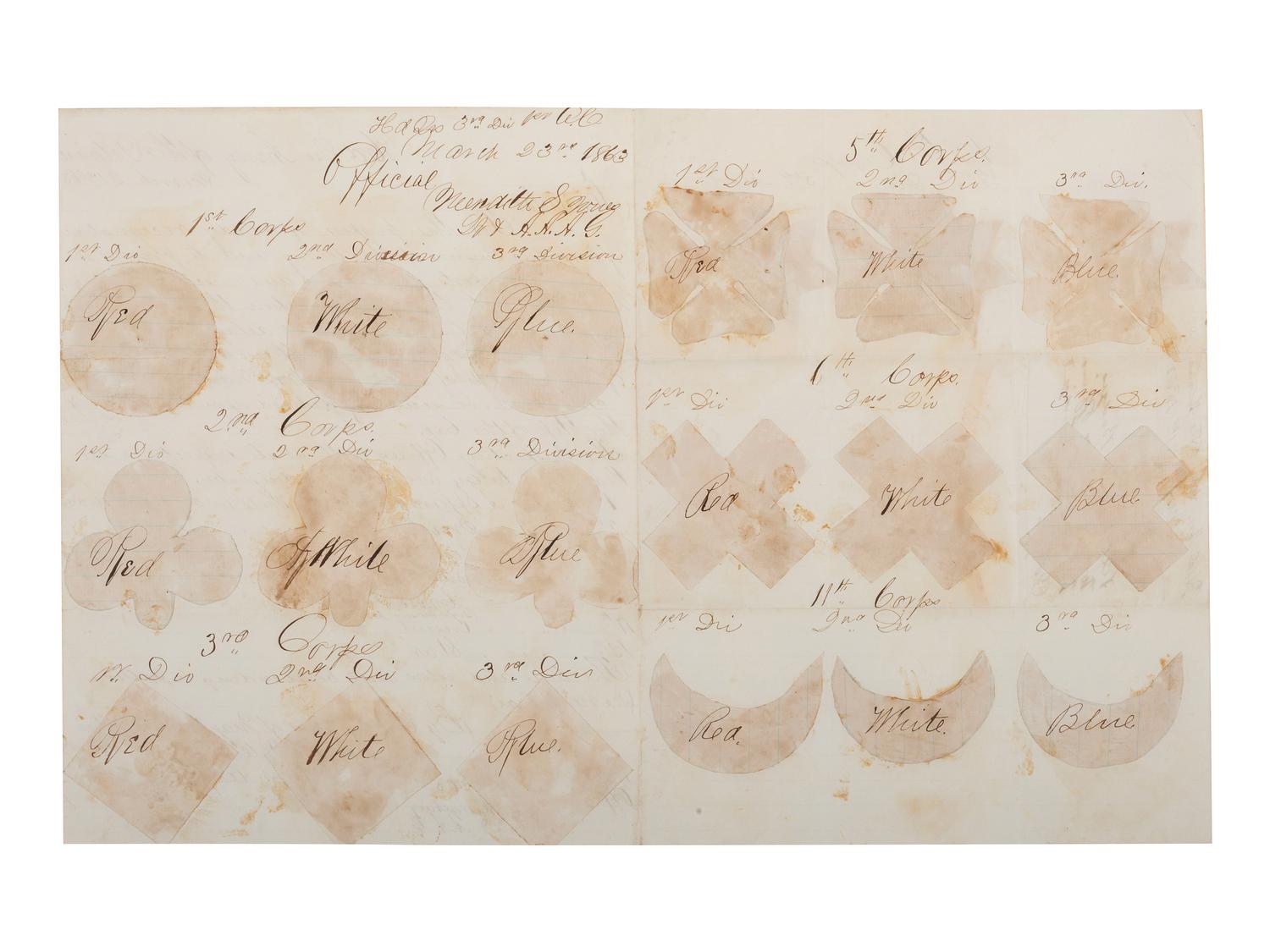 Manuscript circular in which Major General Joseph Hooker orders the use of corps badges in the Army of the Potomac. Headquarters, Army of the Potomac. 21 March 1863.