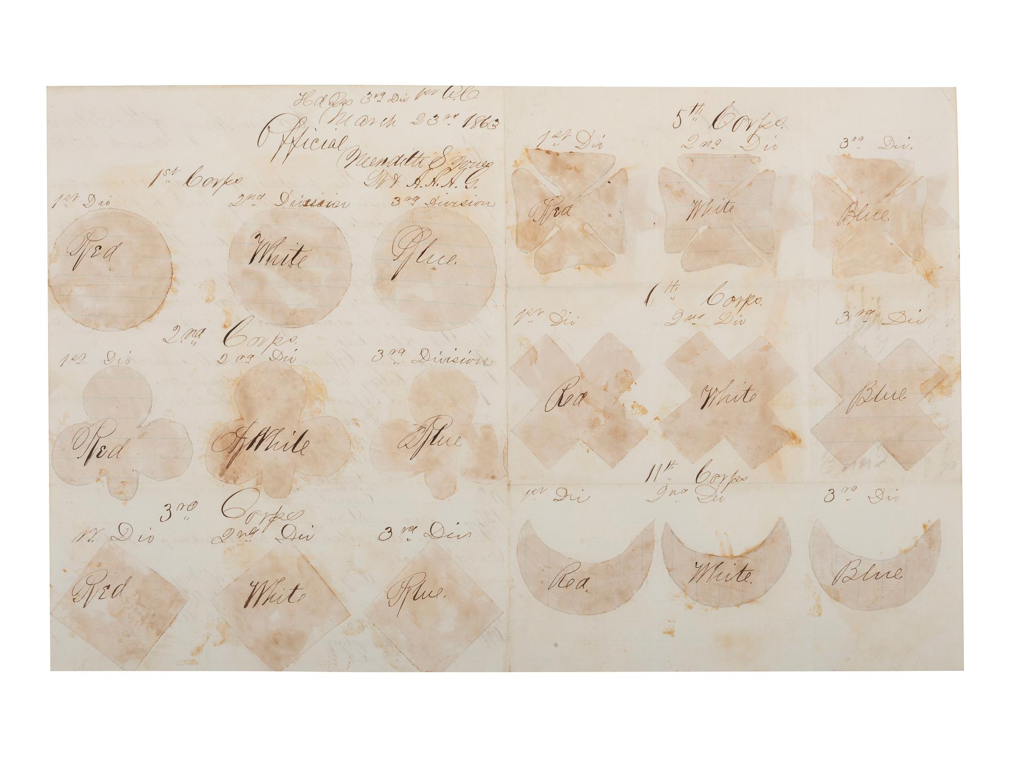 Manuscript circular in which Major General Joseph Hooker orders the use of corps badges in the Army of the Potomac. Headquarters, Army of the Potomac. 21 March 1863.