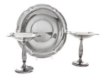 An American Silver Garniture, M. Fred Hirsch Co., Jersey City, NJ, Alexandria pattern, comprising a pair of compotes and a tray.