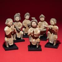 Six Chinese Painted Pottery Figures of Female Musicians, Tang Dynasty Style — 唐式陶加彩樂伎俑一組六件