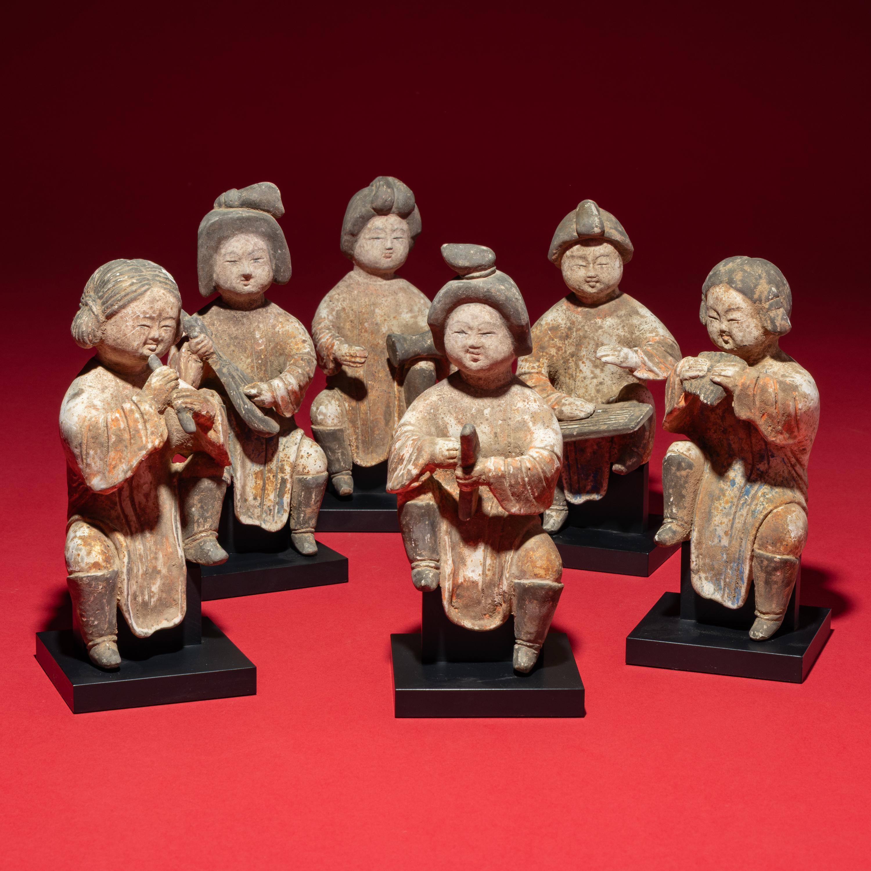 Six Chinese Painted Pottery Figures of Female Musicians, Tang Dynasty Style — 唐式陶加彩樂伎俑一組六件