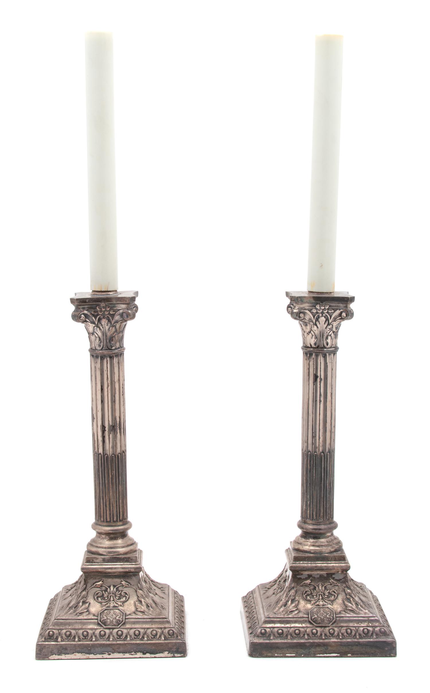 A Pair of English Silverplate Corinthian Column-Form Candlesticks — 20TH CENTURY