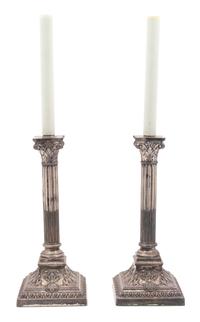 A Pair of English Silverplate Corinthian Column-Form Candlesticks — 20TH CENTURY