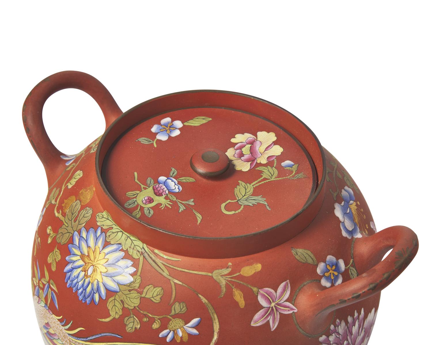 A Wedgwood Polychrome Enameled Rosso Antico Potpourri Jar and Cover