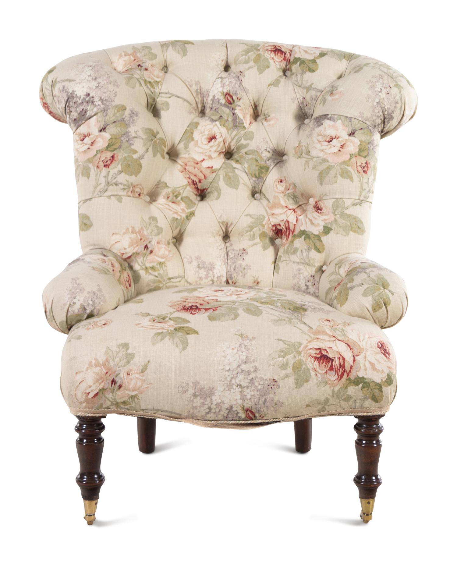 A Custom Button-Tufted Upholstered Armchair and Two Matching Cushions