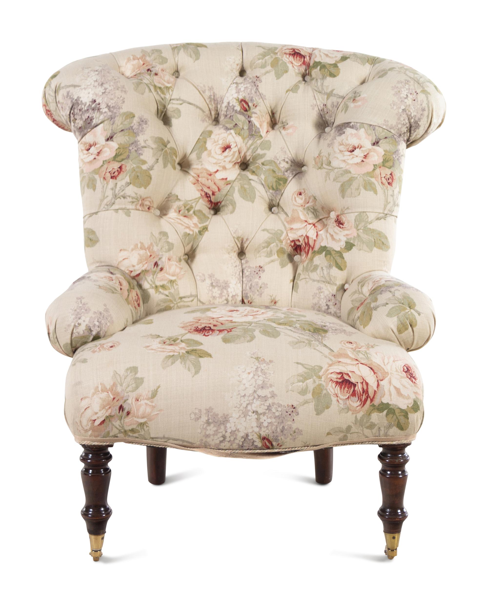 A Custom Button-Tufted Upholstered Armchair and Two Matching Cushions