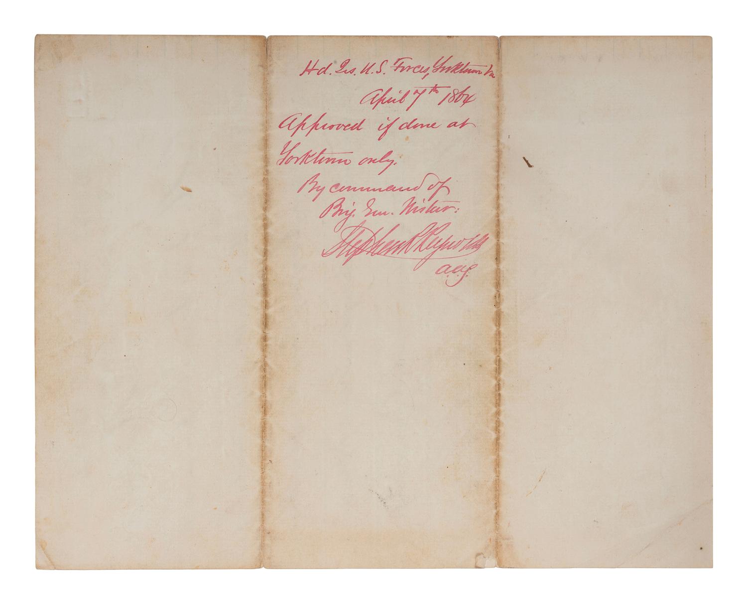Manuscript document issued by the Provost Marshal's Office authorizing the sale of corps badges. Fort Monroe, VA, 21 March 1864.