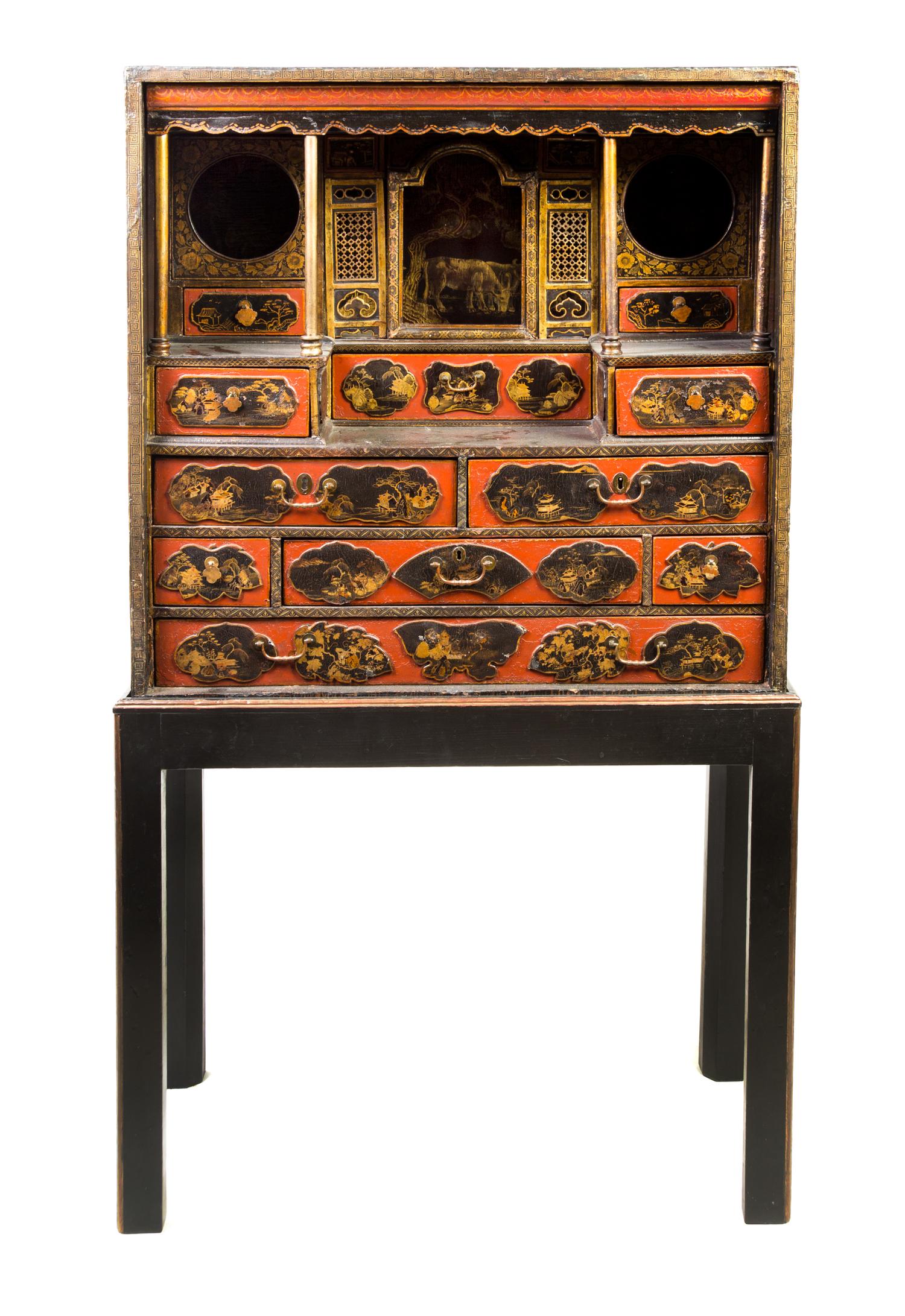 A Chinese Lacquered Collector's Cabinet Height 62 x width 11 x depth 33 3/4 inches. — LATE 19TH/EARLY 20TH CENTURY