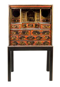 A Chinese Lacquered Collector's Cabinet Height 62 x width 11 x depth 33 3/4 inches. — LATE 19TH/EARLY 20TH CENTURY