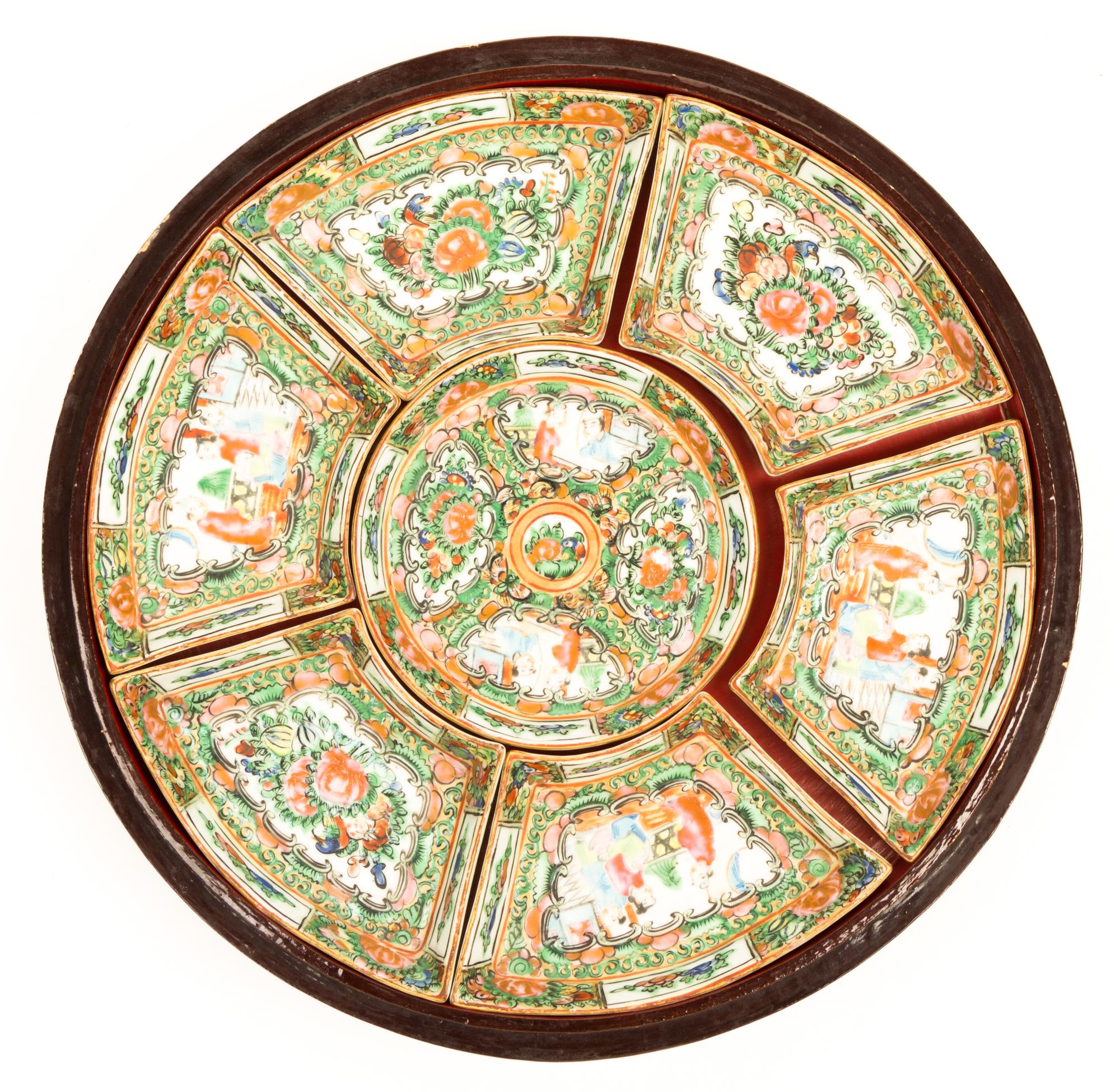 A Chinese Rose Medallion Porcelain Sweetmeat Set Diameter 11 inches.